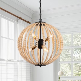 3WWWUEE 18'' Boho Wood Beaded Chandelier - Black Sphere 6-Light Hanging Light Fixture with Height Adjustable Chain, for Dining Room, Living Room, Bedroom, Kitchen, E12 Base (AJ8004P8WDBK)