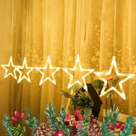 ADEPTNA 5 PCS Christmas Star Curtain Lights – 5 Stars 50 LEDs Christmas Star Curtain Lights 8 Modes Function Settings Window Door Hanging Lights for Xmas Decorations (Warm White)