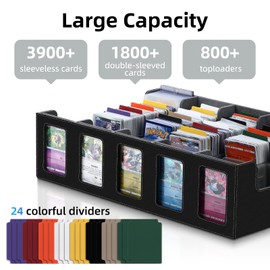 Kruysozz Trading Card Storage Box - 3900+ Portable Card Box with Handle & Removable Cover, 5-Row Card Organizer with 24 Dividers & 5 Supporters, PU TCG Deck Box for MTG Magic Sports Cards (Gray)