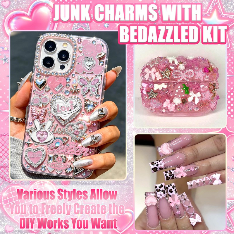 Sliver Pink Junk Case Charms with Bedazzled Kit Y2K Junk