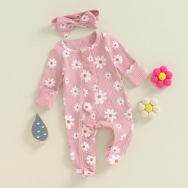 Newborn Girl Clothes Baby Girl Coming Home Outfit Zipper One-piece Outfits Ruffle Footie Bodysuit Jumpsuit Headband (Pink Floral, 0-3 Months)