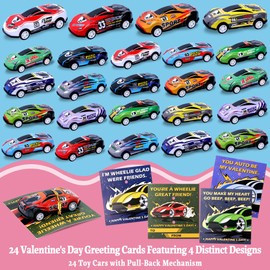 Valentines Day Cards for Kids School 24 Pcs Pull Back Cars with Cards, Valentine's Day Greeting Cards with Racing Cars Toys, Party Favor for Boys Girls, Ideal Gifts Exchange Cards for Classroom
