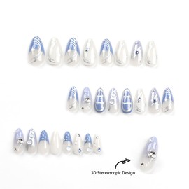 KTAABTR 24Pcs Blue French Tip Press on Nails Long Almond Nails Silvery Bows Line Fake Nails with Butterfly Gems Rhinestones Design Full Cover Reusable False Nails Stick on Nails for Women Girls