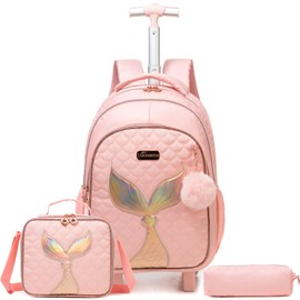 Kids Rolling Backpack for Girls Trolley Suitcases Luggage Travel with Wheels Bookbag Wheeled 17" 3PCS Roller Backpacks Toddler Back Pack School Bags Set for Elementary Mermaids Pink