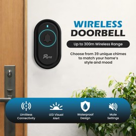 RUTZ® Wireless Doorbell, Waterproof Plug-in Door Bells Wireless Cordless Chime Kit at The Range of 300m with 39 Chimes, 5-Level Volume & LED Light, Easy to Install for Home & Apartment (Black)