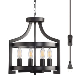 AOLALA Plug in Chandelier Black Farmhouse Pendant Light Fixture, Adjustable Flush Mount Ceiling Light with 19.6 ft Hanging Cord for Kitchen Island, Dining Room, Living Room, Bedroom, Foyer, Entry