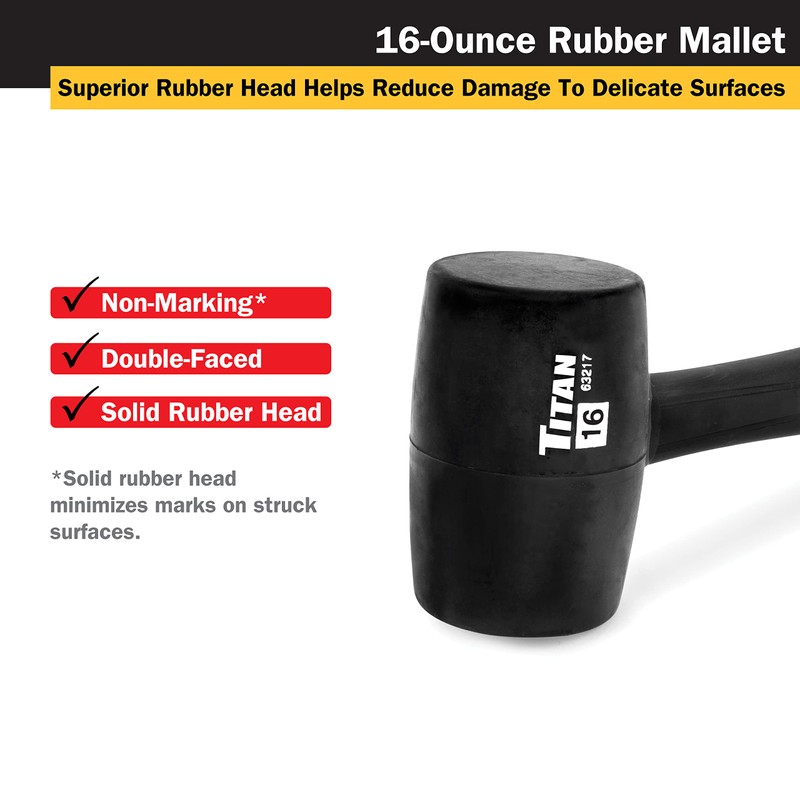 Titan 63217 16oz Rubber Mallet, Non-marking Double-faced Solid Head, 13"