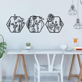 Metal Pictures Wall Decoration, Pack of 3 Wall Decoration Metal Black, Flowers Metal Pictures, Wall Picture Metal, Abstract Flowers Art Line Metal Picture for Bedroom, Living Room, Office, Wall