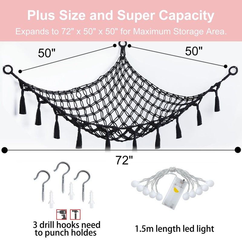 Stuffed Animal Net or Hammock with Light,Yewiwin Macrame Hanging Net