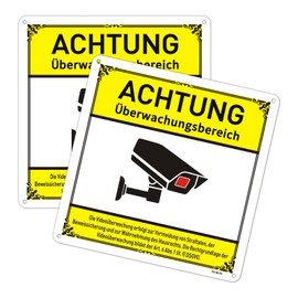 2-Piece Warning Signs Surveillance Sign Video Surveillance Sign Warning Sign Safety Signs 20 x 20 cm (Yellow-DE)