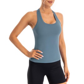 Ukaste Women's Studio Essential Racerback Yoga Workout Tank Top Waist-Length (Dusty Blue, 6)