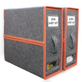 King Size (Gray 2-Pack) - Foldable Bed Sheet Set Organizer, Linen Fabric Storage Bins for Bed Sheets, Duvet Covers and Pillowcases, Storage Boxes