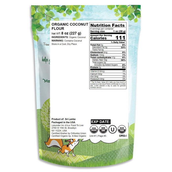 Organic Coconut Flour, 8 Ounces- Non-GMO, Kosher, Raw, Vegan, Unsweetened, Unrefined, Unsulfured Fine Powder, Bulk, Great for Baking