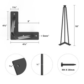 MDpygsfj Hairpin Table Legs,18 Inch Hairpin Legs, 3 Steel Rods 2/5 Inch Pipe Diameter, 800lbs Load Capacity for Coffee Table,Night Stand,Bench, Bar Table, Dining Board (Black, 4PCS)