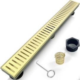 24 Inch Linear Shower Drain Bathroom Kitchen Golden Floor Drain Removable Capsule Pattern Cover Accessories Shower Drain 304 Stainless Steel Drain with Hair Strainer Adjustable Leveling Feet