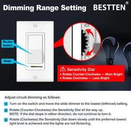 BESTTEN 2 Pack Dimmer Light Switch, Universal Lighting Control, Single Pole or 3 Way, Compatible with LED Dimmable Lamp, CFL, Incandescent, Halogen Bulb, Decorator Wallplate Included, UL Listed, White