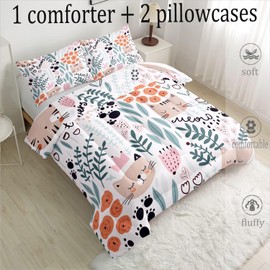 CVHOUSE Cat Bedding,Cartoon Cat Comforter Queen,Animals Print Comforter Set for Kids,Kawaii Quilt Set with 1 Comforter and 2 Pillow Cases