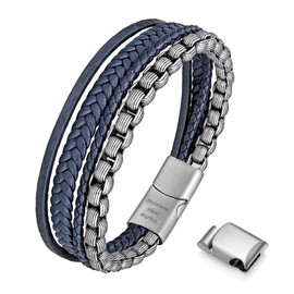 murtoo Mens Bracelet Leather Bracelet for Men Brown Black Leather with Stainless Steel Chain Bracelet Bracelet for Men Gift (Silver Blue, 9.2'')