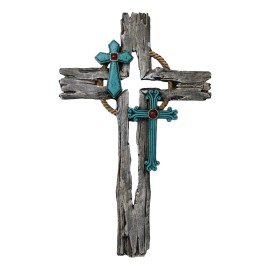 Rustic Western Faux Distressed Wood Rope Wreath Turquoise Layered Wall Cross