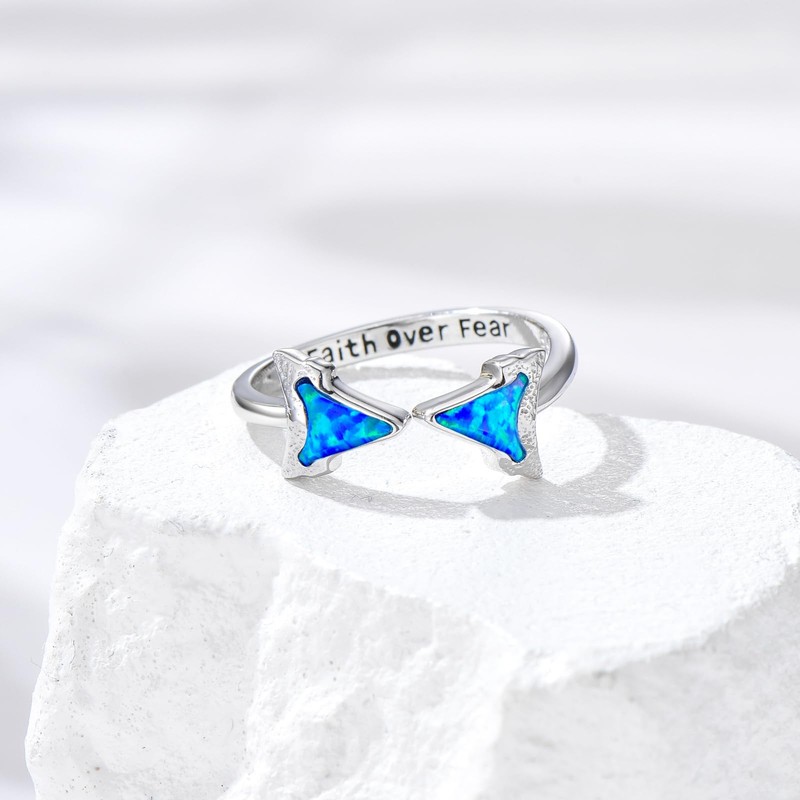 HUKKUN Shark Tooth Ring Sterling Silver Shark Teeth Ring Adjustable