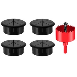 DuDuZui Pack of 4 Desk Cable Grommets, 60 mm Desk Cable Grommet, Desk Cable Hole Covers, Tidy Office and Home Workplace Cables, with 1 Hole Saw (Black, 60 mm)