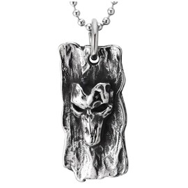 COOLSTEELANDBEYOND Men's Rustic Skull Pendant Necklace, Hammered Dog Tag Style, Stainless Steel Gothic Biker Jewelry