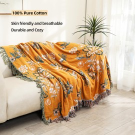 VANJOROY Boho Large Throw Blanket, 100% Organic Cotton Breathable Soft Bed Throw - Floral Bird Farmhouse Decor Blanket for Sofa Couch Chair Quilt and Gift. (Flower-Art, 60" x 80")