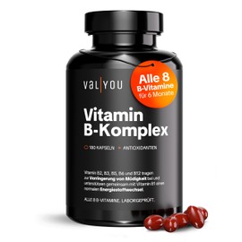 VALYOU Vitamin B Complex • 180 Capsules for 6 Months Daily Requirement of All 8 B Vitamins + Vitamins C & E • For Energy, Psyche & Nervous System • Laboratory Tested Premium Quality