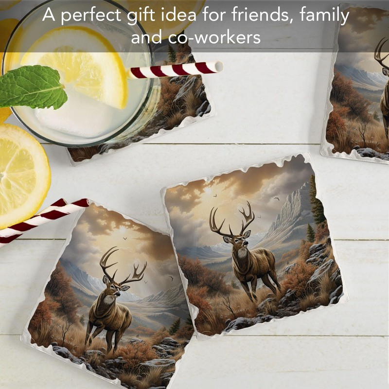 Thirstystone Woodland Deer 4-Pack Tumbled Tile Stone Coasters with Protective