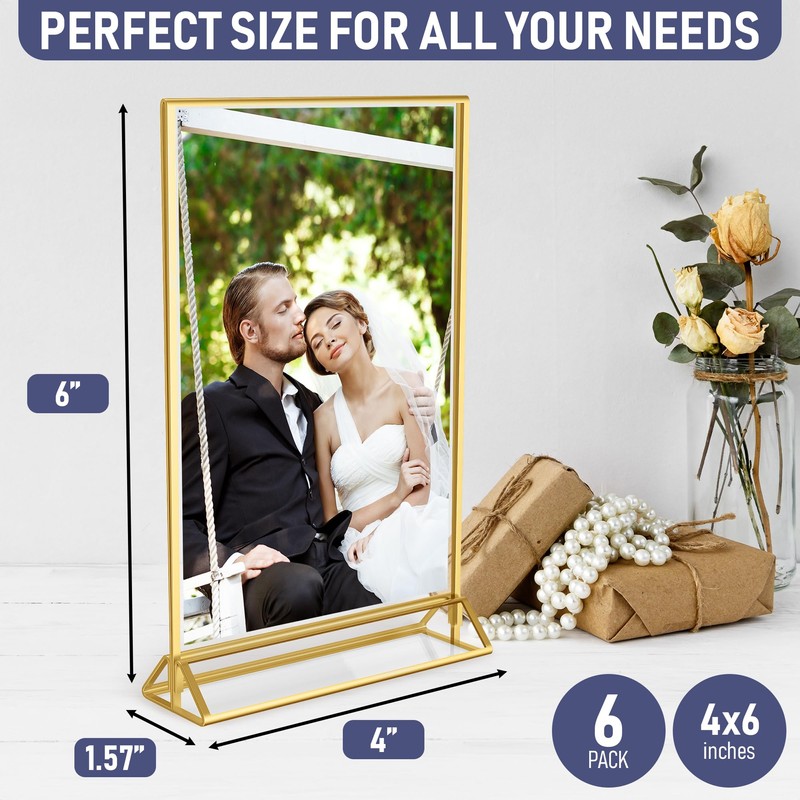Dasher Products Gold Picture Frames Double-Sided, 6-Pack 4x6 Acrylic Table