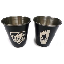 SQUATCH METALWORKS BELIEVE Bigfoot Shield Shot Glass - Stainless Steel - Bigfoot/Sasquatch/Yeti/Wilderness Gift - DESIGNED AND MANUFACTURED IN THE USA
