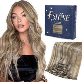 Fshine Clip-In Hair Extensions, Real Hair, Blonde Highlights, Clip-In Extensions, Colour Ash Brown Mix Platinum Blonde, 7 Pieces, 120 g, Real Hair Extensions, Clip-In Human Hair, Full Head, 35 cm
