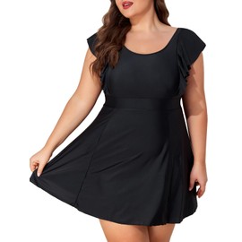 Smismivo Women Plus Size Swim Dress One Piece Bathing Suits Built in Shorts Tummy Control Swimdress, Black, 4X-Large