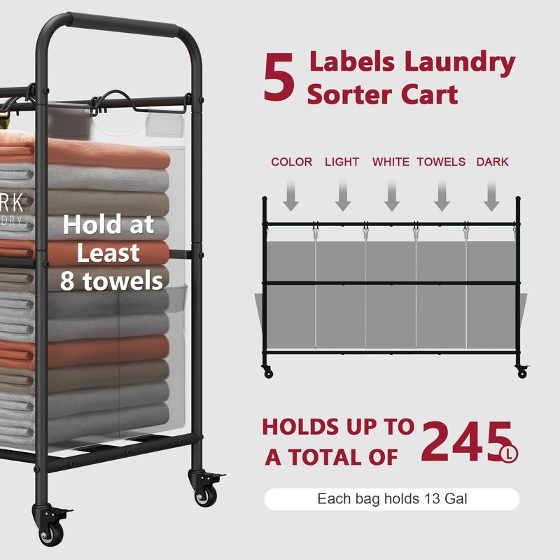 Tajsoon Laundry Sorter, Laundry Hamper 5 Section with Heavy Duty