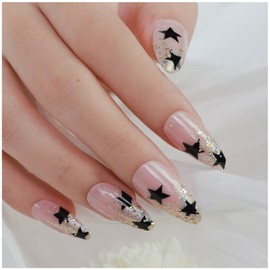 GALSPRO Medium Press on Nails - Set of 24 Fake Nails with Designs in 12 Different Sizes for Perfect Fit, Cute False Nails Kit for Women with 0.07oz Nail Glue (MIDNIGHT GALAXY ALMOND SHAPE, Medium)