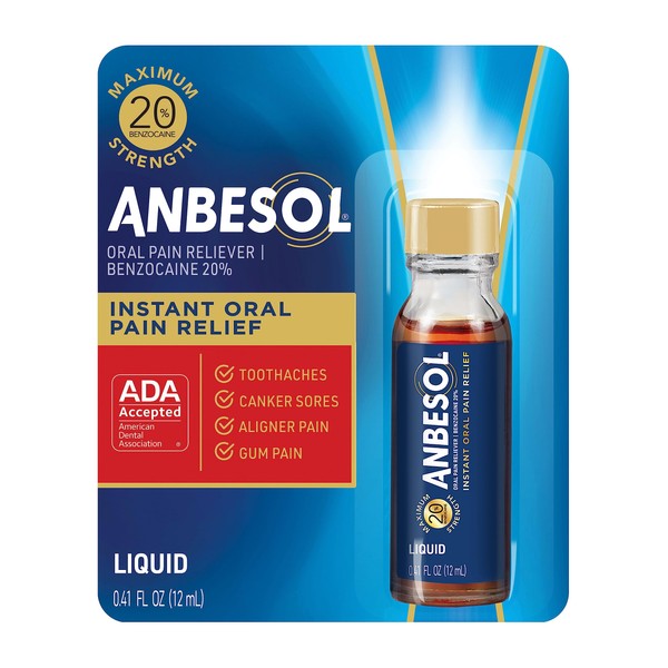 Anbesol Maximum Strength Oral Pain Relief Liquid, Instant Pain Relief for Toothache Pain, Canker Sores, Sore Gums, Denture Pain, and Aligner Pain, ADA Accepted, 0.41 Fl Oz (Packaging May Vary)