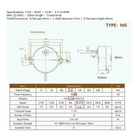 Ningbo Mingjong Synchronous Motor MS type UL 110V  CCW 8-10 rpm Ningbo Mingjong Electric