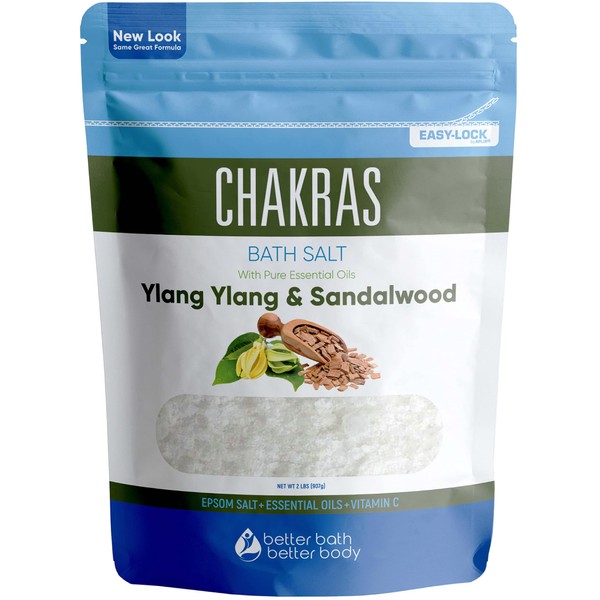 Chakras Bath Salt 32 Ounces Epsom Salt with Natural Ylang Ylang, Sandalwood, Eucalyptus, Frankincense, Chamomile and Cinnamon Essential Oils Plus Vitamin C in BPA Free Pouch with Easy Press-Lock Seal