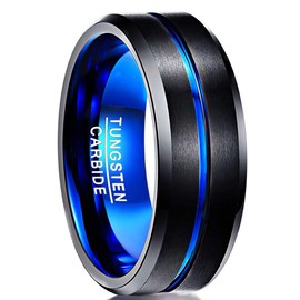 NUNCAD Men's Rings 8mm Black Blue Tungsten Wedding Ring for Men Two-Tone Simple Band Ring with Groove Beveled Edges Size S