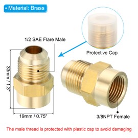 PATIKIL Brass Flare Tube Fitting, Union Coupling Gas Adaptor 1/2" SAE 45° Flare Male to 3/8" NPT Female Pipe Connector Adapter with PTFE Tape for Refrigeration Gas System