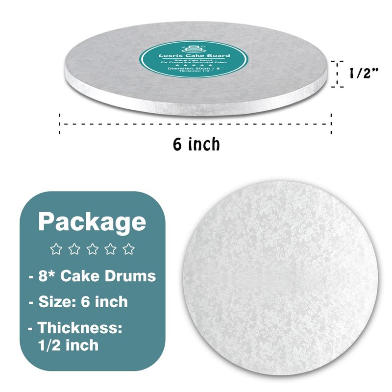 Silver Cake Drum Round 6 Inch Cake Boards with 1/2-Inch