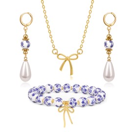 Beads Bow Charm Bracelet Jewelry Set for Women Flower Vintage Dainty Bow Pendant Choker Jewelry Blue Jewelry Sets for Women Gift