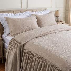 Brandream Queen Size Bedspread 100% Cotton Set Khaki Cottage Farmhouse Coverlet Set Vintage Floral Vine Bedding Oversized Bedspread Set 3-Piece