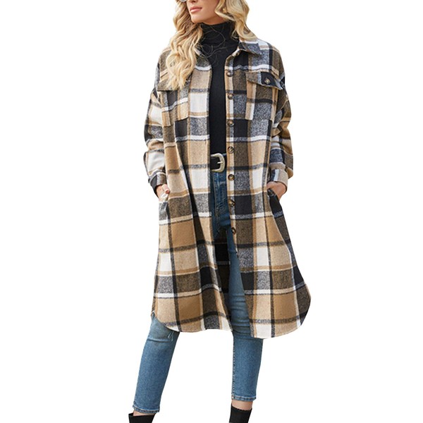 Ainangua Women's Casual Wool Blend Long Plaid Shirt Jacket Button