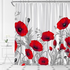 AMFD Red Gray Floral Shower Curtain Elegance Poppy Black White Retro Abstract Flower Gray Plant Leaves Home Fabric Bathroom Curtains Decor Set Include Hooks,(70" WX70 H)