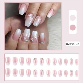 French Tip Press on Nails Medium Square Fake Nails Exquisite Acrylic Nails with Rhinestone Flowers Design Artificial Nails Full Cover Glossy False Nail Gradient Glue on Nails for Women DIY Nail Art