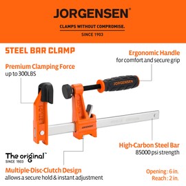 Jorgensen 6 inch Bar Clamp Set, 4 Pack Steel F Clamp Light Duty, 300 lbs Load Limited, for Woodworking, Metalworking, DIY