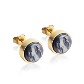 Kleine Ohrstecker gold mit Stein • Dunkelgraue Ohrringe für Damen • Nachhaltiger Modeschmuck aus Edelstahl & recyceltem Glas mit Perlmutt Optik • Ø 9mm