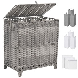 Laundry Hamper with Lid, 190L Large Laundry Basket 3 Section with 6 Removable Liner Bags & 3 Mesh Laundry Bags, Handwoven Rattan Clothes Hamper with Heightened Feet, No Install Needed, Grey
