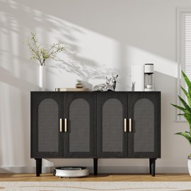 FONTOI Sideboard Cabinet with Rattan Doors, Kitchen Buffet Cabinet with Storage, Modern Farmhouse Large Accent Cabinet Credenza for Entryway Dining Room, Black